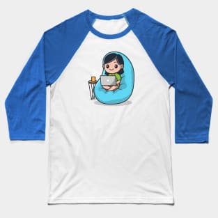 Cute Girl Working On Laptop Cartoon Baseball T-Shirt